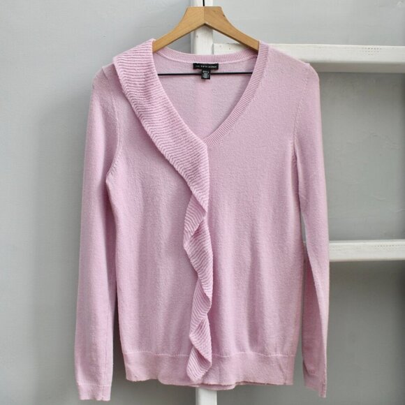 Saks Fifth Avenue Sweaters - Saks Fifth Avenue Pink Ruffle V-Neck Wool Cashmere Knit Sweater Size Small